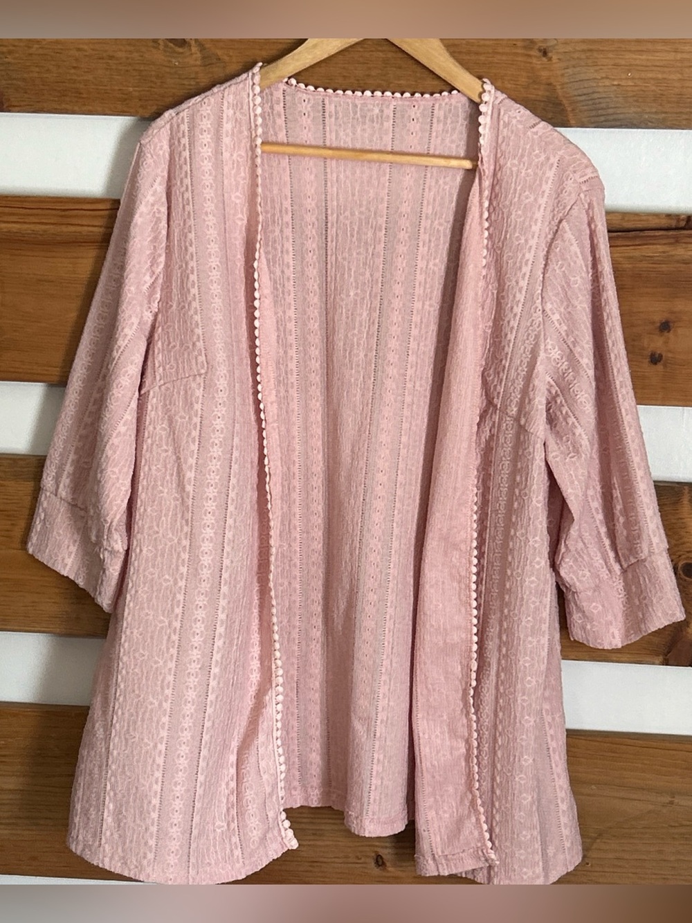 Shein Curve OXL Light Pink Open Front Kimono Cardigan Ladder Lace Pom Pom Edge